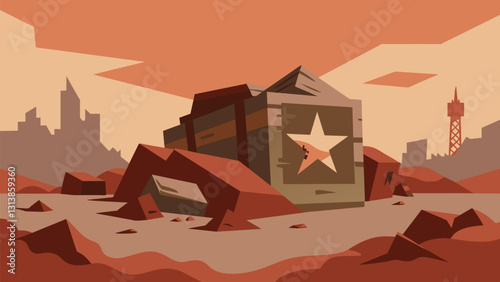 An old rusted dynamite crate sits amidst the ruins its label faded and illegible.. Vector illustration