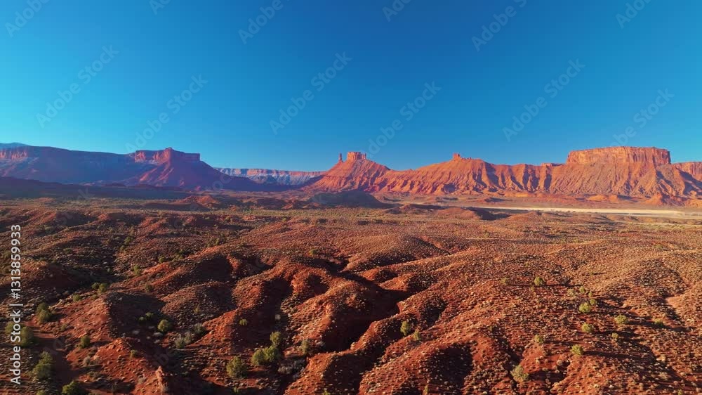 Aerial tracking right establishing of Moab dramatic rock formations, layered sandstone cliffs glowing under midday sunlight