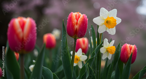 Rain-Kissed Tulips and Daffodils in Spring Garden