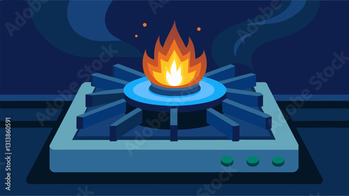 As the gas stove is turned on the flame ignites and illuminates the surrounding area with its mesmerizing glow.. Vector illustration