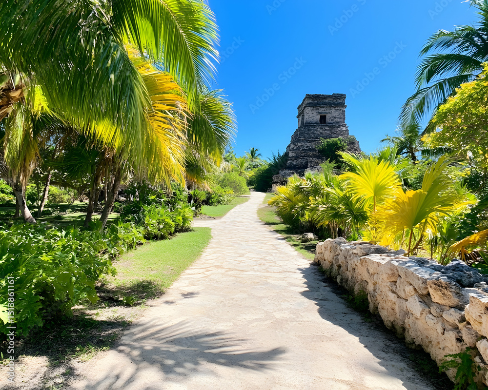 Obraz premium Stone pathway leads to ancient Mayan ruins nestled amongst lush tropical foliage under a vibrant blue sky