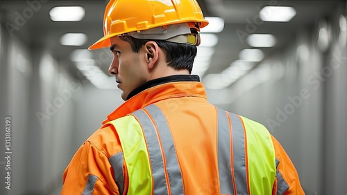 A construction worker seen from behind, wearing an orange hard hat and a reflective safety vest with yellow and gray stripes. photo
