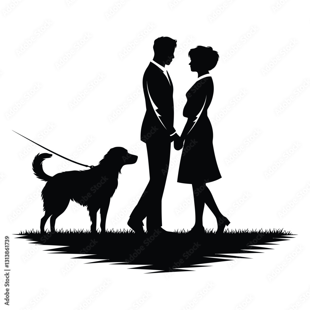Couple with Pet Silhouette, Vector, Icon, Logo, White Background. Couple with Pet Silhouette, Vector, Icon, Logo, White Background.