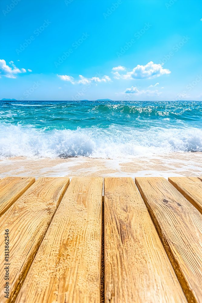 Fototapeta premium Sunny beach scene with wooden planks in foreground, ocean waves crashing on sandy shore under bright blue sky