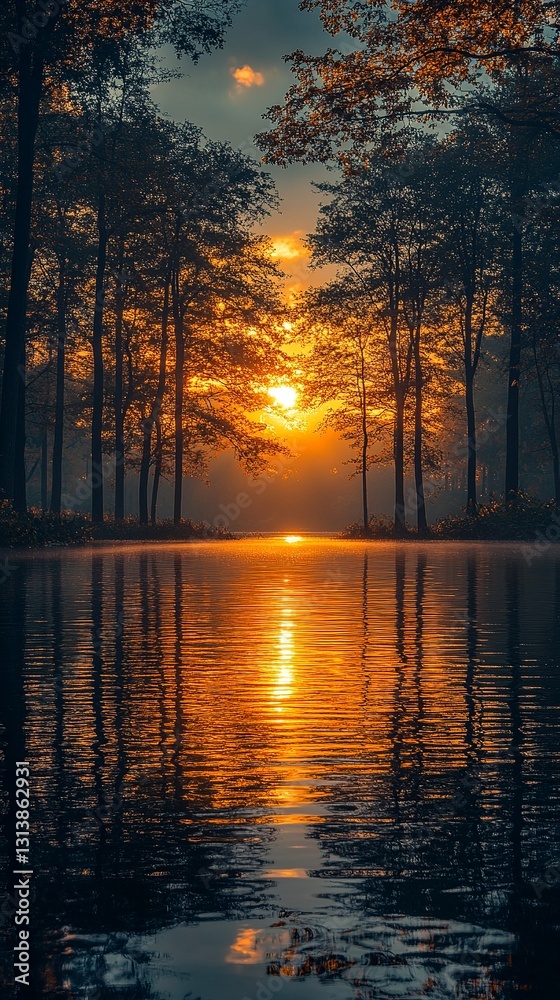 Wallpaper for mobile phone-Golden sunrise over a tranquil lake surrounded by silhouetted trees, casting shimmering reflections across the water's surface. Wallpaper for mobile phone-Golden sunrise over a tranquil lake surrounded by silhouetted trees, casting shimmering reflections across the water's surface.