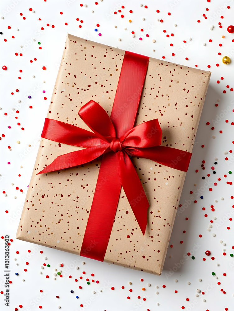 Tan gift box with red ribbon and confetti Tan gift box with red ribbon and confetti