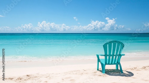 Turquoise Beach Bliss  A Tranquil Escape with a Lonely Chair Awaiting on the Shoreline  Offering a Moment of Serene Relaxation Under the Sunny Sky
