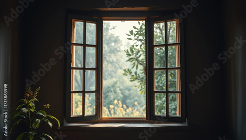 Open Window Overlooking Lush Garden  Natural Light Streaming Into Room