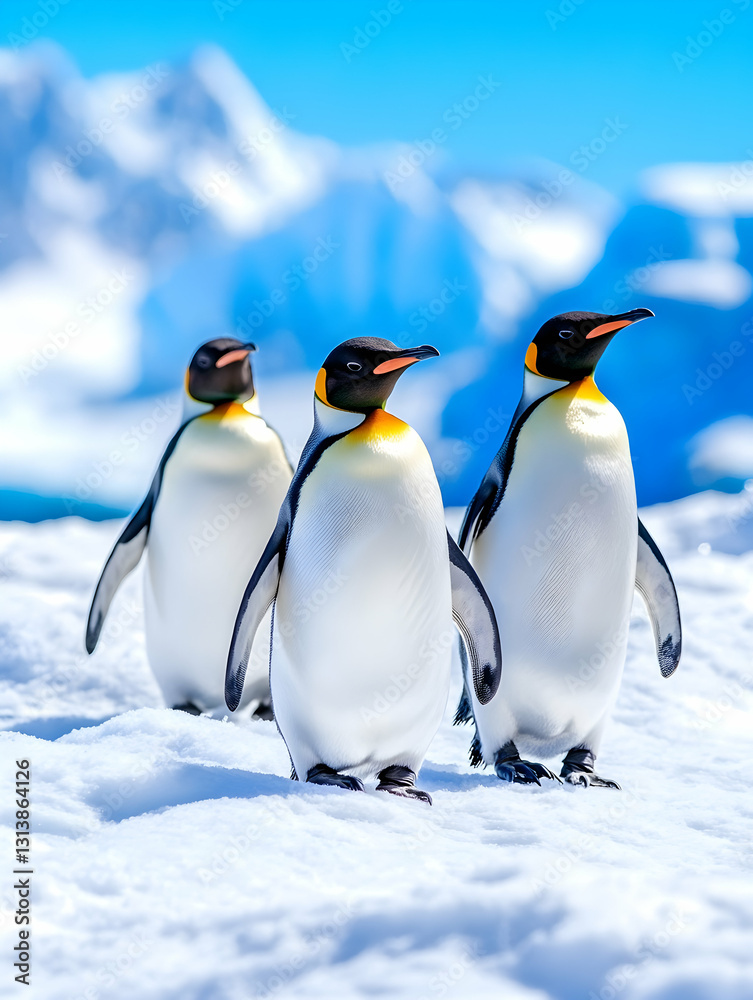 Fototapeta premium Three penguins waddle across snowy Antarctic landscape under a vibrant blue sky