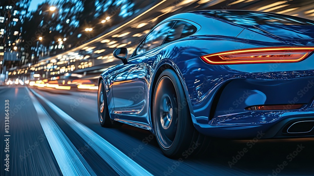 Rear view of a blue business car on a fast-moving highway Rear view of a blue business car on a fast-moving highway
