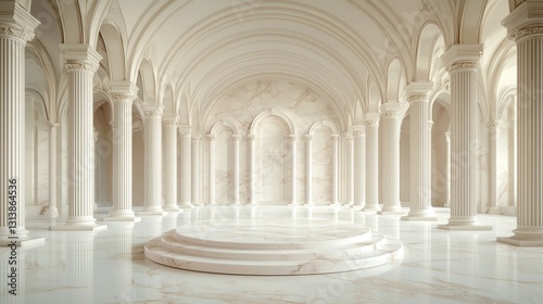 Showcasing architectural elegance at a grand marble podium display in a majestic hall with serene ambiance