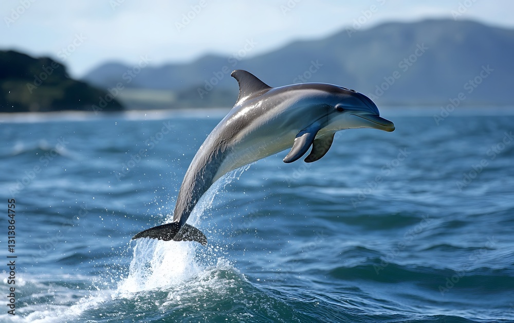 Fototapeta premium 74. A playful dolphin jumping out of the ocean in New Zealand
