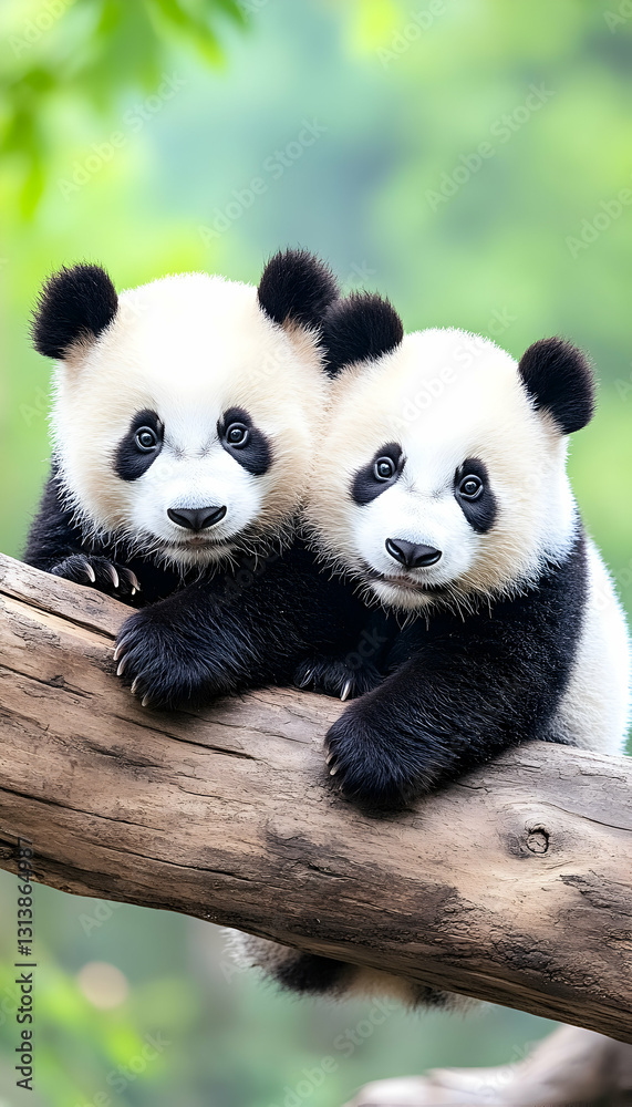 Obraz premium Two adorable panda cubs cuddle on a tree branch in a lush green forest