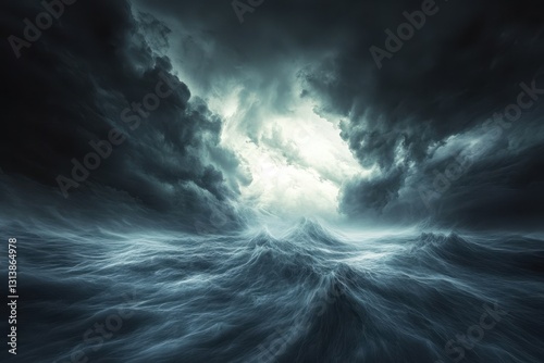 Dramatic ocean waves under stormy sky with dark clouds and light breaking through