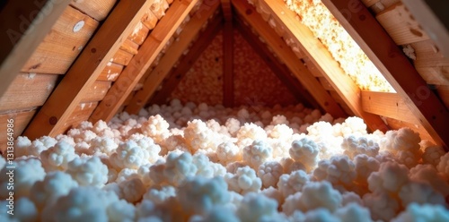 Loose cellulose insulation filling attic space, insulation, material, fiber photo