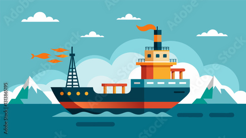 Skimming across the water the ship was a symbol of human ambition and ingenuity pushing the boundaries of exploration and resource extraction to meet. Vector illustration