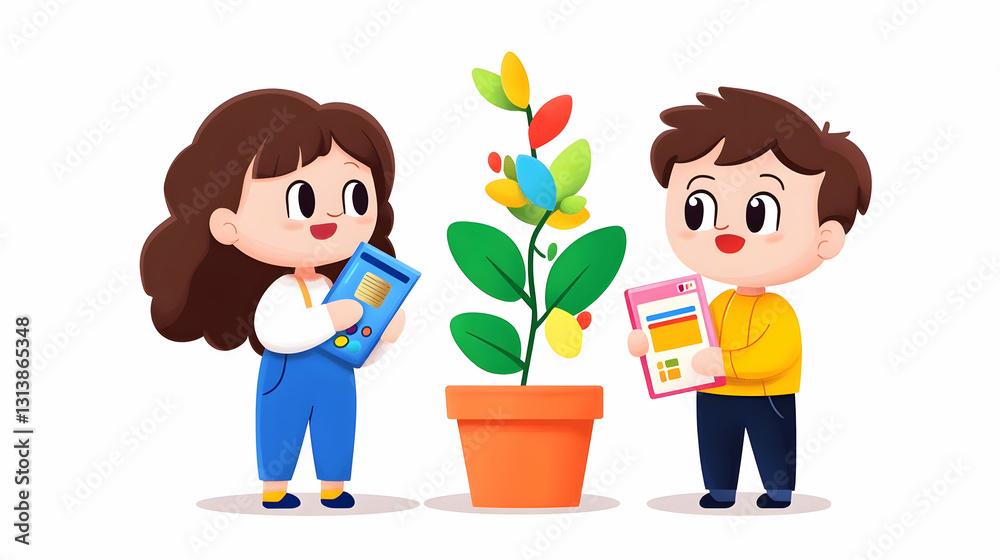 Two children studying a colorful plant using tablets Two children studying a colorful plant using tablets