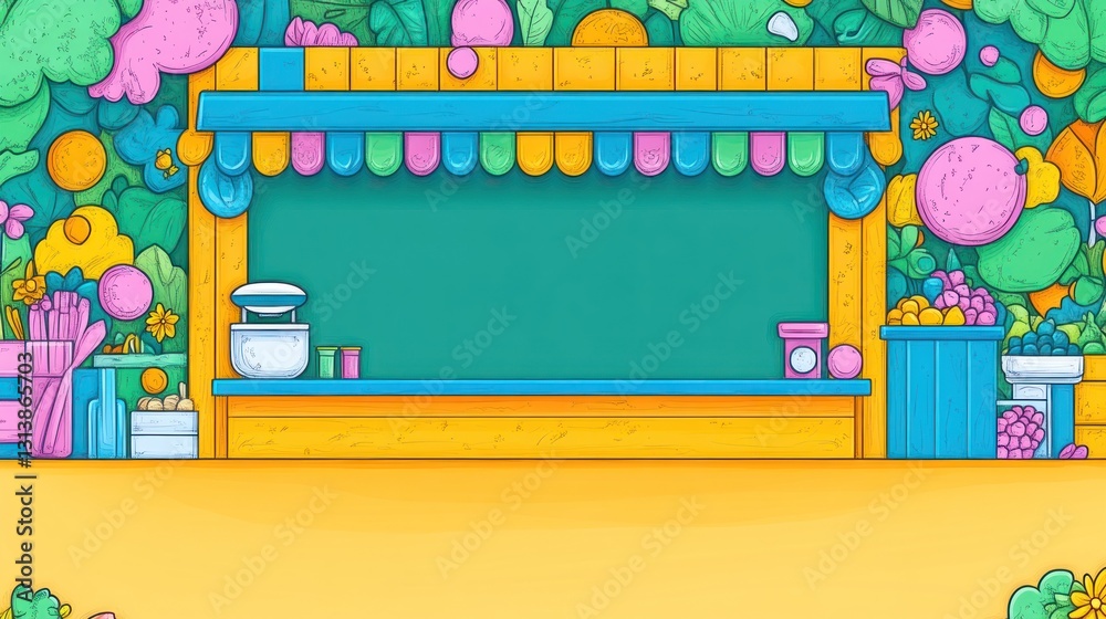 Colorful fruit stall in a lively garden with vibrant fruits and whimsical vegetation backdrop Colorful fruit stall in a lively garden with vibrant fruits and whimsical vegetation backdrop