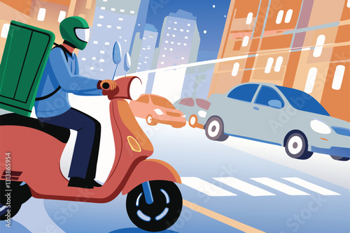 A fast-moving scooter weaving skillfully through congested city traffic, carrying a thermal delivery bag.