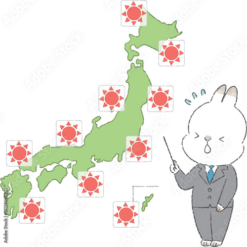天気予報をする気象予報士のうさぎのキャラクターの手書きイラスト