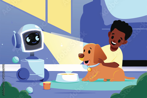 A small, cute robot carefully feeds a low-profile, flat-faced dog from a bowl, showcasing a heartwarming technological interaction.