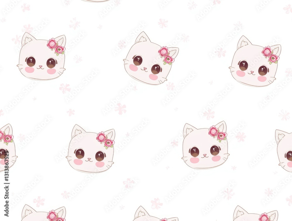Adorable seamless pattern with cute kawaii cat faces, decorated with pink delicate flowers. Adorable seamless pattern with cute kawaii cat faces, decorated with pink delicate flowers.