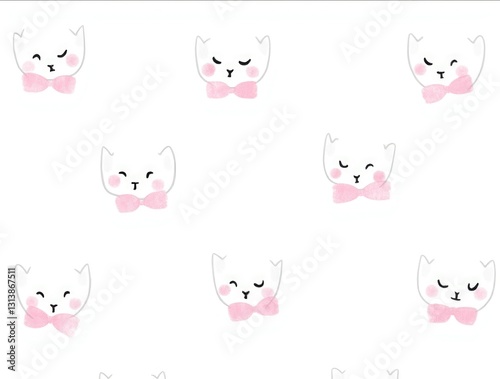 Adorable seamless pattern with cute white kittens decorated with pink bows on a light background.