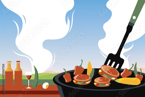 A sizzling smoky grill, juicy burgers dripping with melted cheese, and grilled sweetcorn on the cob.