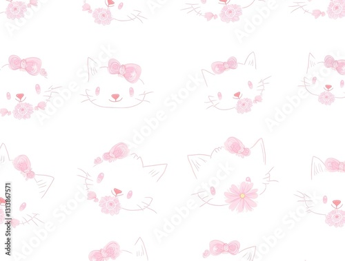 Adorable seamless pattern with cute white kittens decorated with pink bows on a light background.