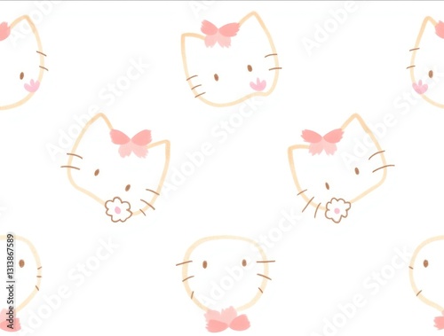 Adorable seamless pattern with cute white kittens decorated with pink bows on a light background.