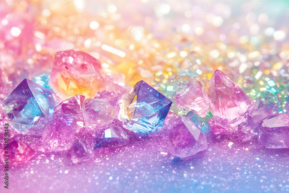 Vibrant, iridescent crystals scattered on a shimmering surface, exhibiting a rainbow of pastel colors Vibrant, iridescent crystals scattered on a shimmering surface, exhibiting a rainbow of pastel colors
