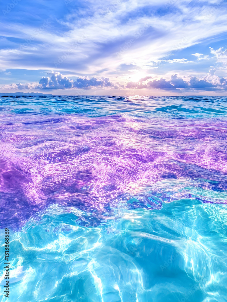 Fototapeta premium Vibrant ocean scene at sunrise, showcasing pastel purple and blue hues in the water