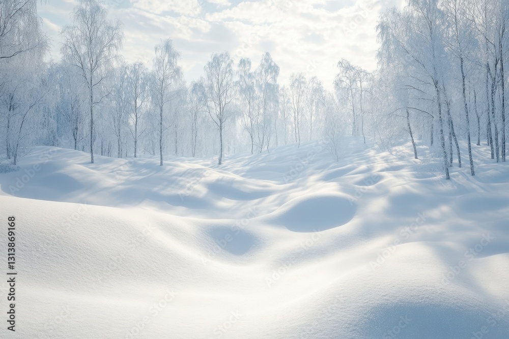 Obraz premium Snow-covered landscape with trees under a cloudy sky in winter