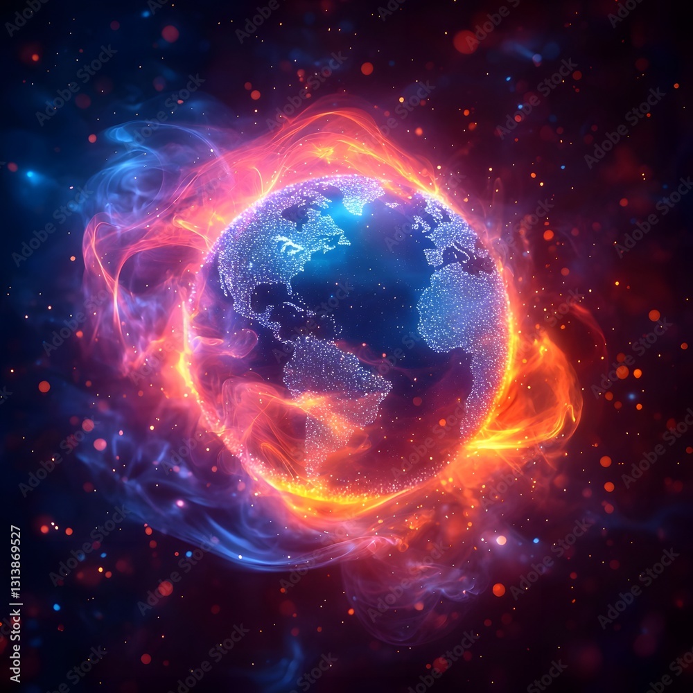 Obraz premium Glowing Earth Icon Surrounded by Soft Energy Waves Symbolizing Harmony and Balance in Nature Concept