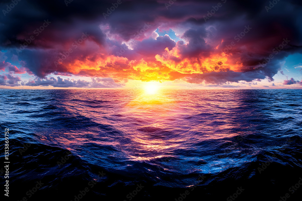 Obraz premium Vibrant sunset over a vast, dramatic ocean, with colorful clouds reflecting on the water's surface