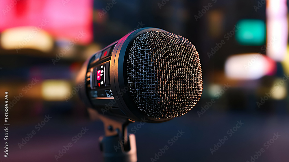 A close up studio microphone with modern illuminated display elements A close up studio microphone with modern illuminated display elements
