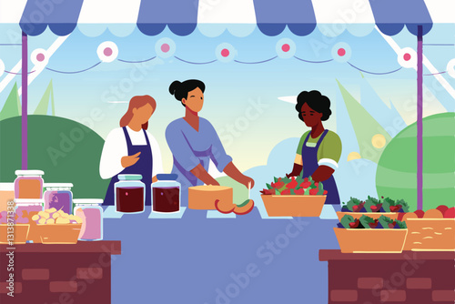 A rustic wooden table laden with various jars of honey, jam, and pickles; sunlight illuminates the scene, highlighting the vibrant colors and textures.