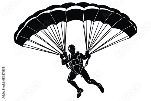 Parachute Skydiving Silhouette Art On Solid White Background
