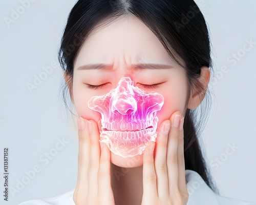 Woman experiencing severe facial pain, illustrated with a translucent, glowing jawbone overlay