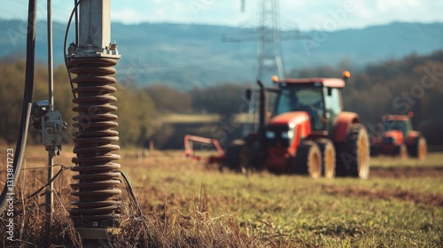 Tractors in Field with Power Lines: A Rural Industry Landscape