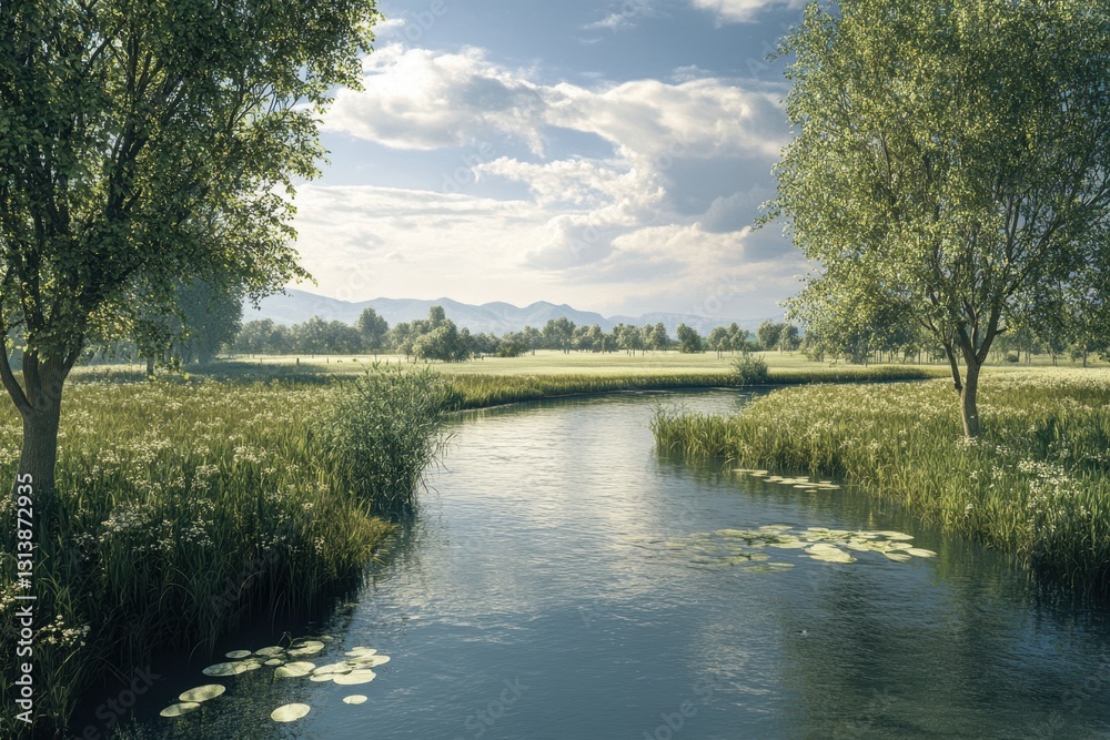 Fototapeta premium Peaceful river flows through green meadow under sunny sky with distant mountains