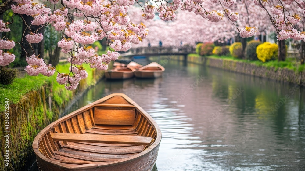Obraz premium Sakura Serenity: A Tranquil Boat Ride Through Cherry Blossoms in Japan