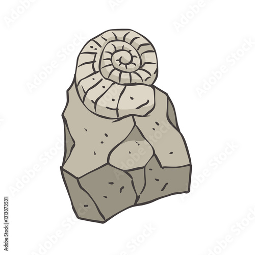 Ammonite Fossil on Rock - Vector Illustration