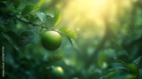 A luminous green lime ripening on a branch in an enchanted garden bathed in soft sunlight