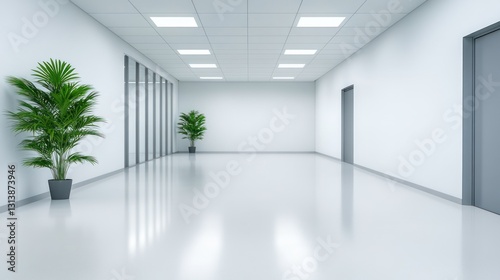 Sterile Modern Office Corridor: Minimalist Design with Plants