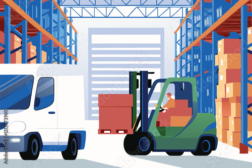 A delivery truck reverses carefully into a warehouse loading bay while workers efficiently stack boxes inside.  High-quality photorealistic image.