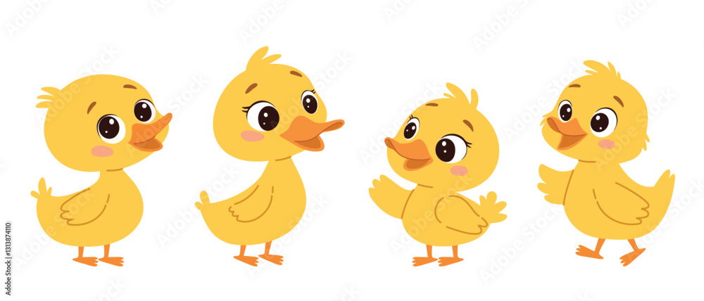 A set of adorable yellow ducklings in different poses, perfect for children's. Funny yellow chickens, vector illustration. A set of adorable yellow ducklings in different poses, perfect for children's. Funny yellow chickens, vector illustration.