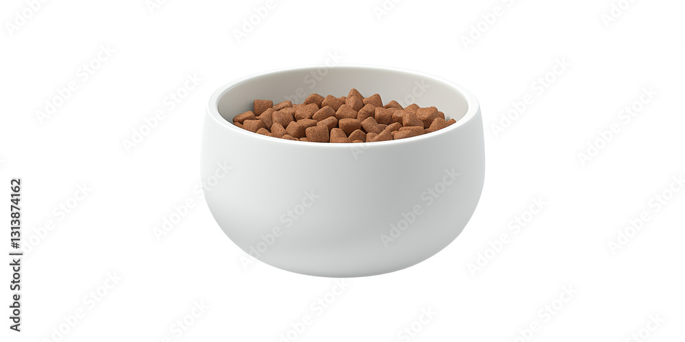 White ceramic bowl filled with kibble isolated on transparent background White ceramic bowl filled with kibble isolated on transparent background