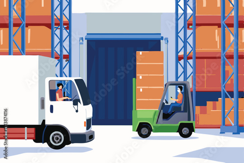 A large delivery truck reverses smoothly into a warehouse loading dock, while warehouse workers efficiently stack boxes nearby.