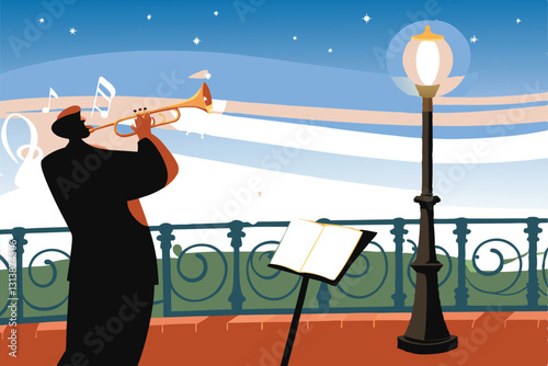 A skilled trumpeter, elegantly dressed, plays a gleaming golden trumpet, its notes soaring into the air, filling a grand concert hall.